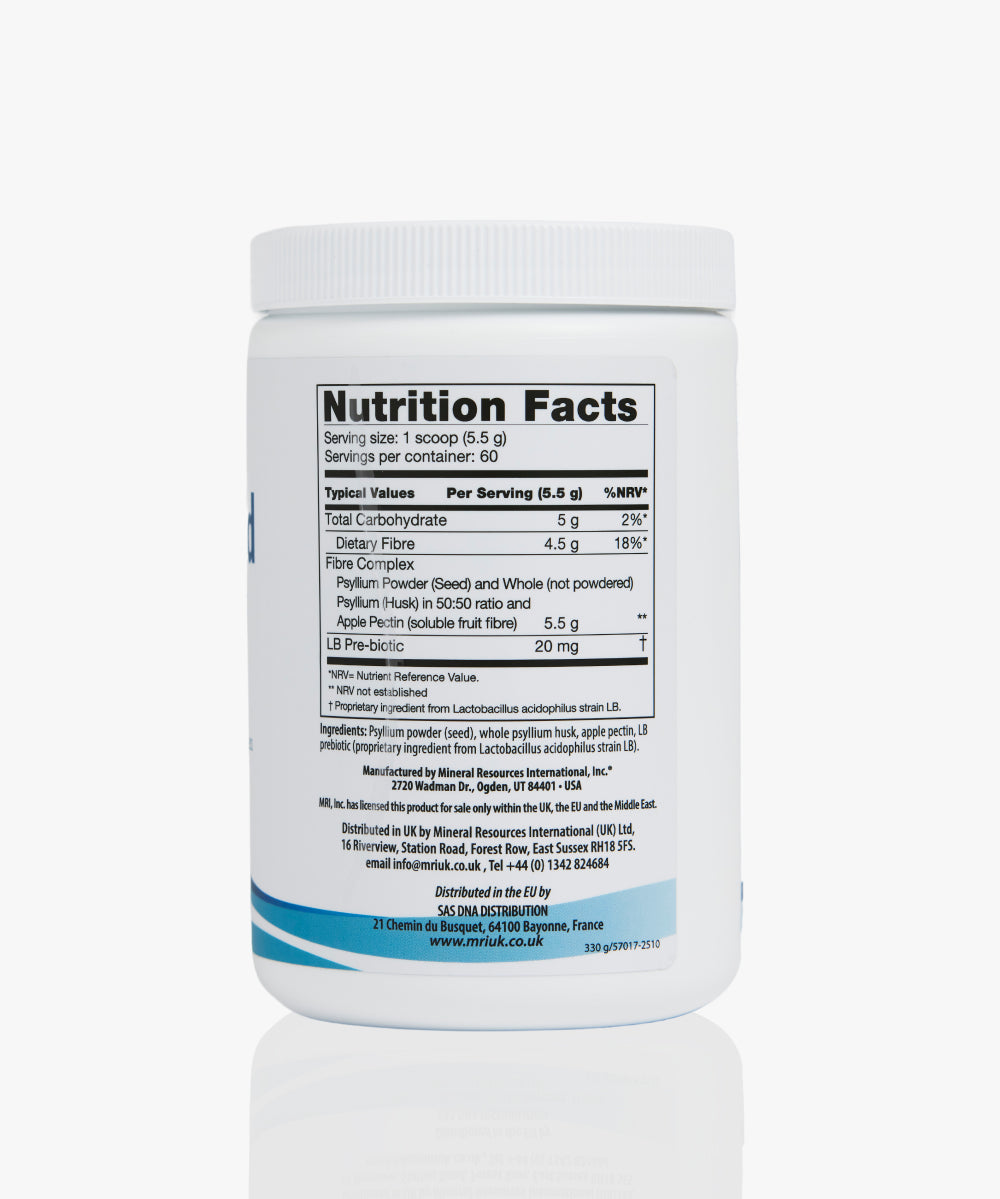 Supplement bottle with fiber blend nutrition facts label, dietary fiber and prebiotic info