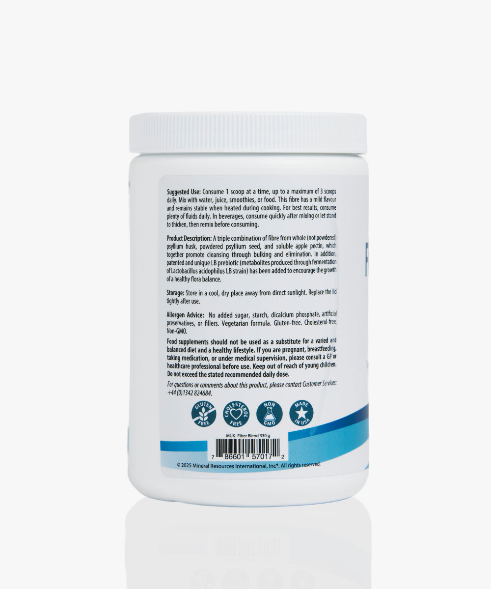 Back label of fiber supplement container showing usage instructions, ingredients, and certifications.