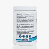 Back label of fiber supplement container showing usage instructions, ingredients, and certifications.