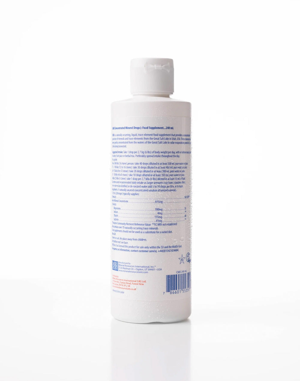 Back of a 120ml concentrated mineral drops supplement bottle with nutrition label