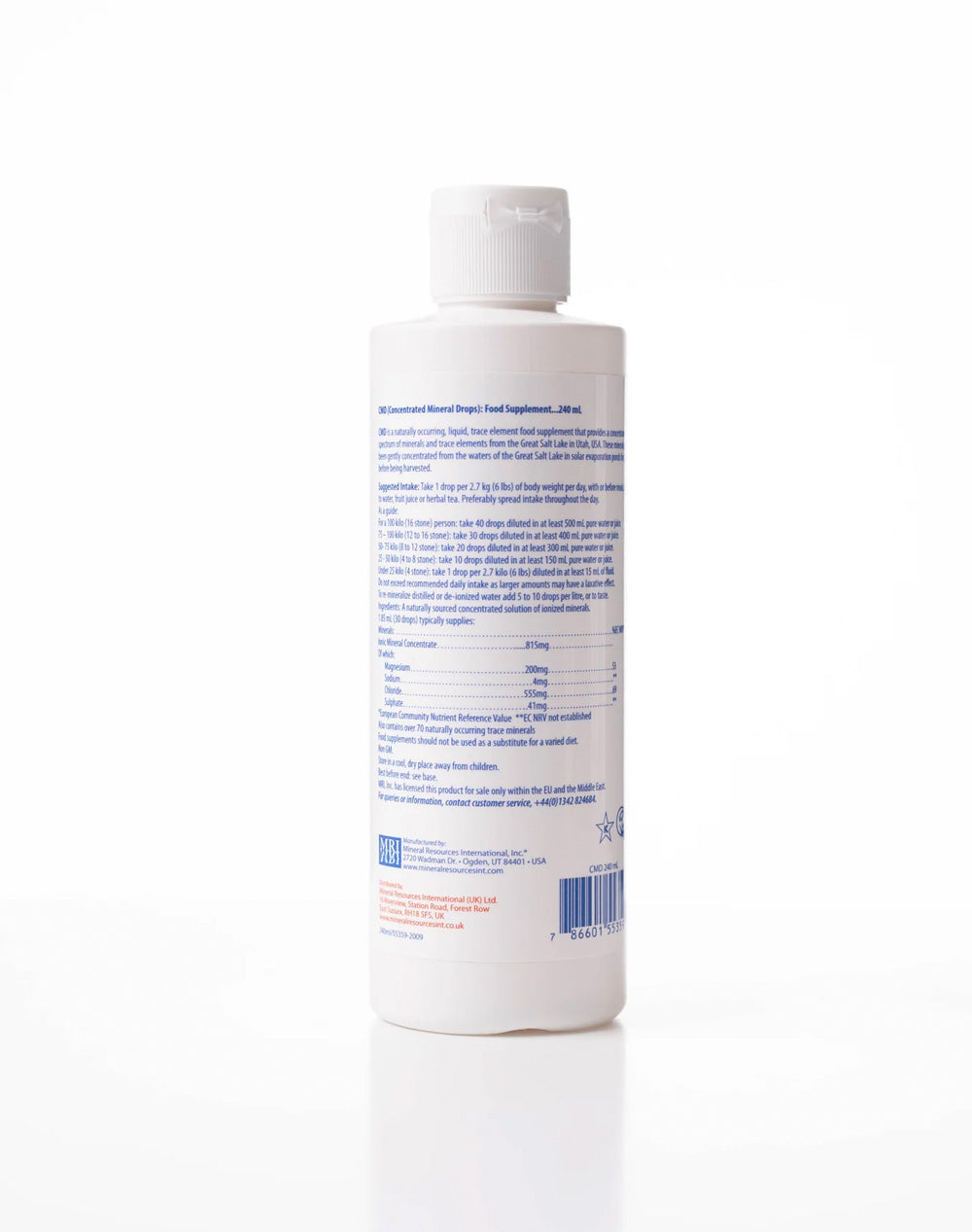 Back label of a 240ml bottle of concentrated mineral drops food supplement with nutrition facts.