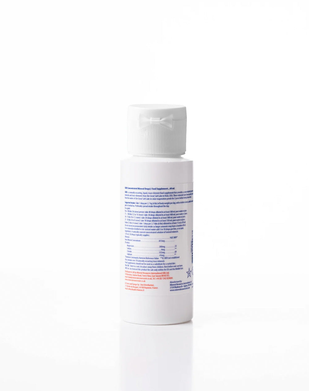 Back of a 60ml concentrated mineral drops supplement bottle with nutrition label