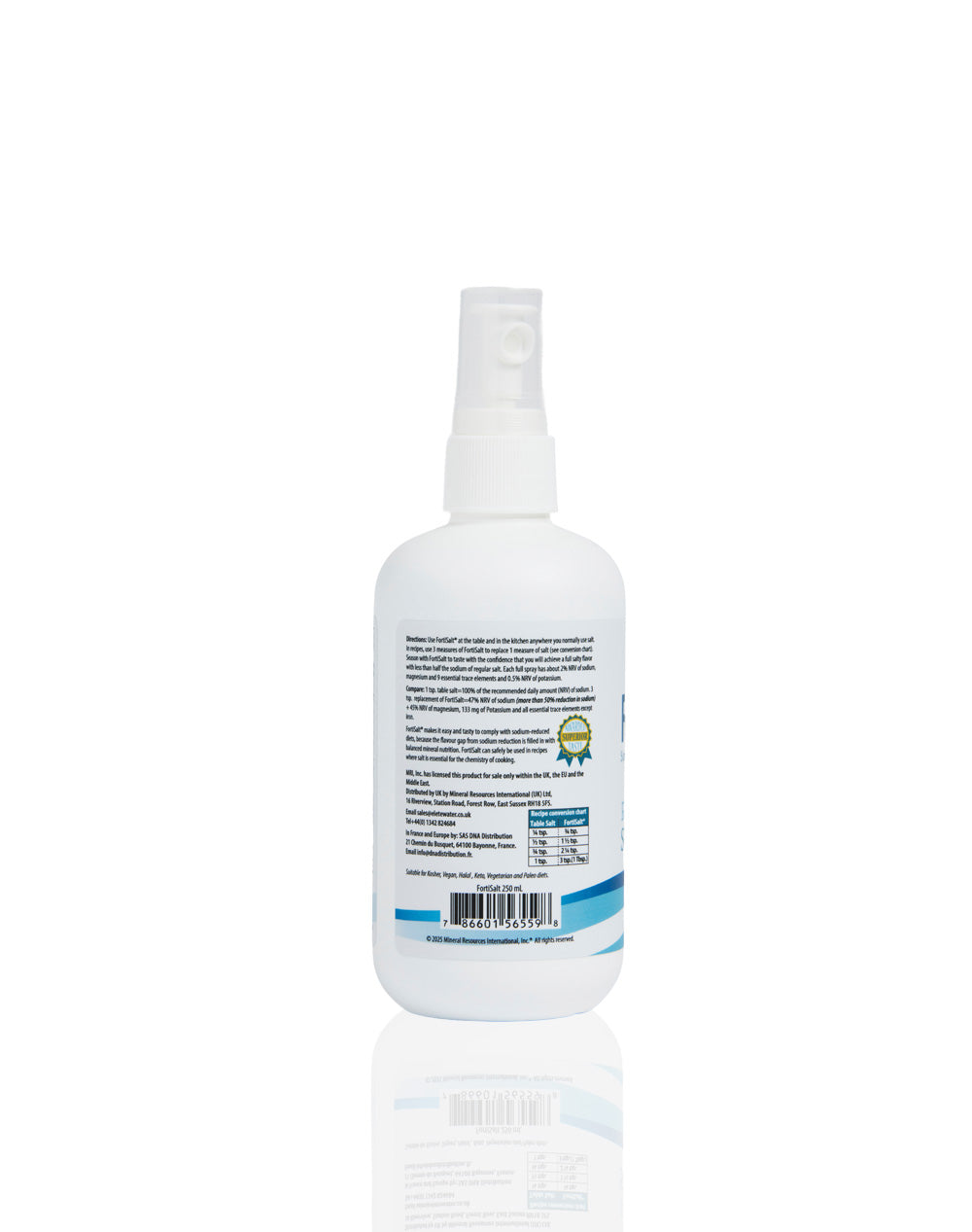 White spray bottle with label on a white background