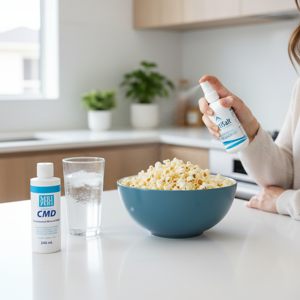 Person holding a bottle of MSG-free popcorn seasoning over a bowl of popcorn on a kitchen counter.