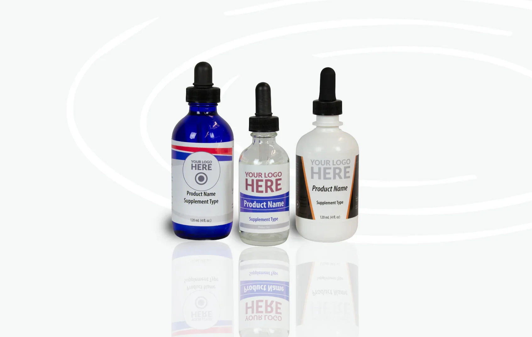 Three dropper bottles with customizable labels on a white background